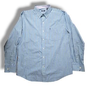 Izod Large Cotton Blue White Plaid Long Sleeve Button Down Shirt
